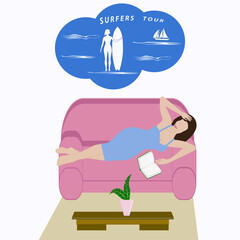 Woman lies on the sofa and reads a book - vector.Hypothetical vacation.Travel planning. Surfing dream.