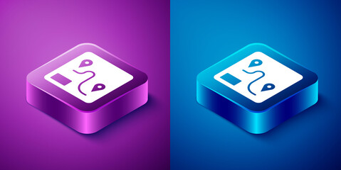 Isometric Route location icon isolated on blue and purple background. Train line path of train road route with start point GPS and dash line. Square button. Vector.