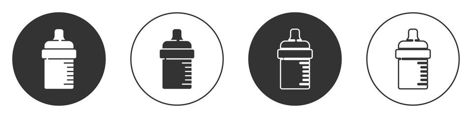 Black Baby bottle icon isolated on white background. Feeding bottle icon. Milk bottle sign. Circle button. Vector.