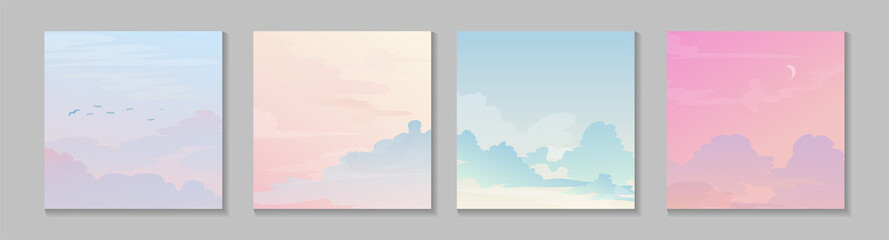 Colorful sky set greeting card. Creative pastel sky background with clouds