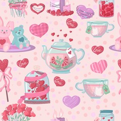 Romance and Valentine's Day. teapot and cups. hearts. Seamless pattern of objects drawn in cartoon style vector illustration isolated on white background