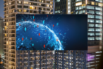 World planet Earth map hologram and social media icons on billboard over night panoramic city view of Bangkok, Southeast Asia. Networking and establishing new connections between people. Globe