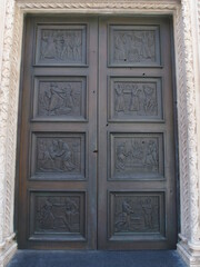 The entrance portals of the Church of St. Jacob in Sibenik, Croatia, show bible scenes