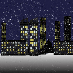 Night city skyline in the snow.