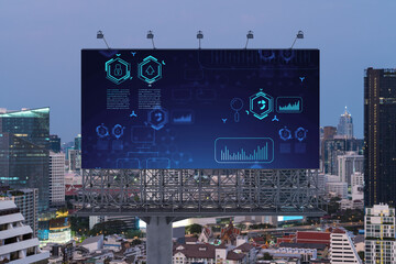 Glowing hologram of technological process on billboard, aerial panoramic cityscape of Bangkok at...