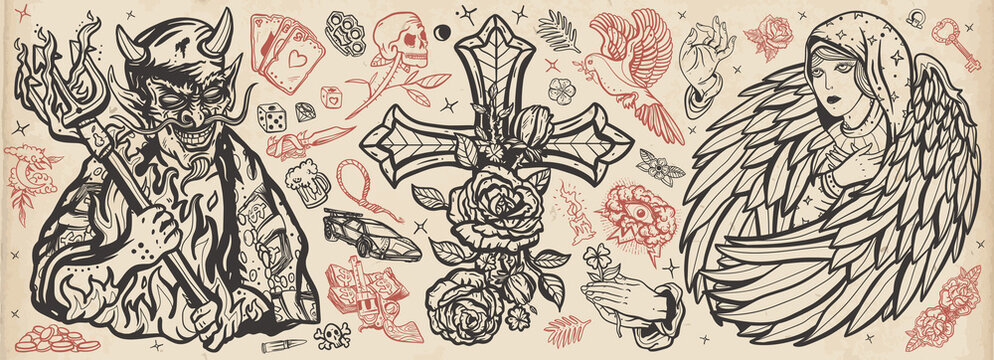 Angel and demon. Old school tattoo vector collection. Good and evil set. Terrible satan with pitchforks and holy nun. Paradise and Hell art. Cross with roses, hands prayer, dove. Sin and holiness © intueri