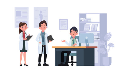 The doctor talks to the doctor at the hospital room. Medical clinic concept. Cartoon flat illustration
