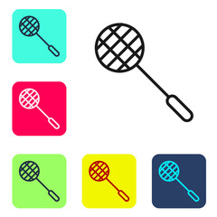 Black line Tennis racket icon isolated on white background. Sport equipment. Set icons in color square buttons. Vector Illustration.