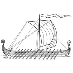 sketch of an old boat with oars, coloring, isolated object on white background, vector illustration,