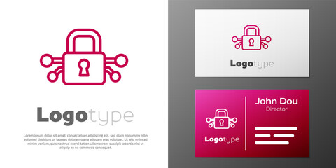 Logotype line Cyber security icon isolated on white background. Closed padlock on digital circuit board. Safety concept. Digital data protection. Logo design template element. Vector.