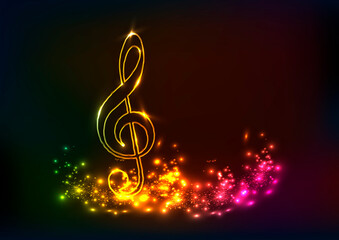Treble clef .Neon music.Musical notes.Vector illustration.	