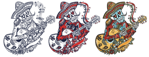 Mariachi skeleton wearing sombrero and playing guitar. Mexican culture. Old school tattoo vector art. Hand drawn cartoon character set. Isolated on white. Traditional tattooing style