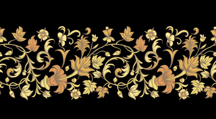 Floral border. Print with gold flowers and leaves on a black background. Vintage vector ornament.  - 409675994