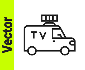 Black line TV News car with equipment on the roof icon isolated on white background. Vector.