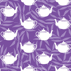 Vector deep purple garden tea party seamless pattern background. Perfect for fabric, scrapbooking, wrap paper, wallpaper projects.