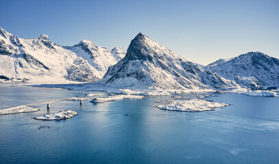Aerial view of the bridge and snow-capped mountains in the Lofoten Islands