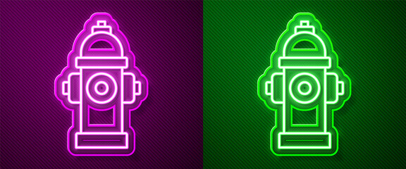 Glowing neon line Fire hydrant icon isolated on purple and green background. Vector.
