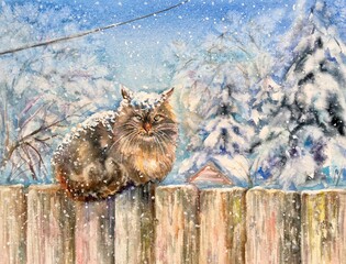 Watercolor fluffy kitty. The cat sits on the wooden fence in winter. Winter background: white, blue, purple. Design element. 