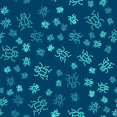 Green line Beetle bug icon isolated seamless pattern on blue background. Vector.