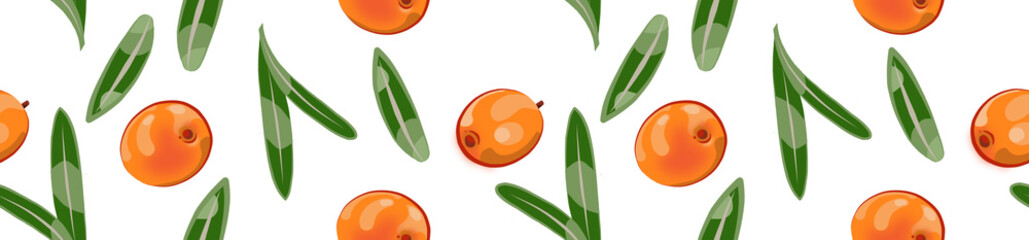 Border made of a seamless pattern of sea buckthorn and leaves on a white background.  © OlgaGersh