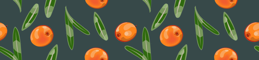 Border made of a seamless pattern of sea buckthorn and leaves on a blue background.  © OlgaGersh