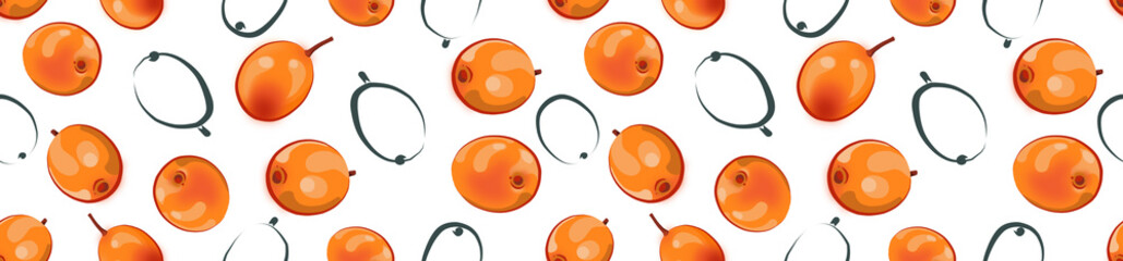 Border made of a seamless pattern of sea buckthorn and leaves on a white background.  © OlgaGersh