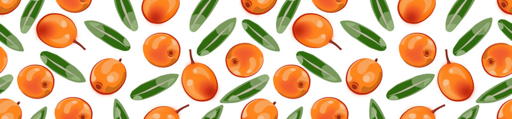 Border made of a seamless pattern of sea buckthorn and leaves on a white background. © OlgaGersh