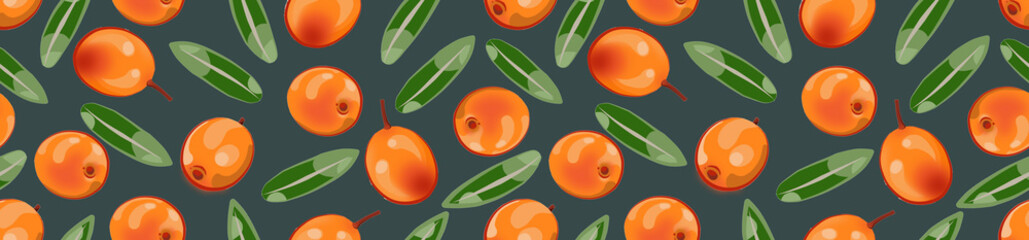 Border of a seamless pattern of sea buckthorn and leaves on a blue background. © OlgaGersh