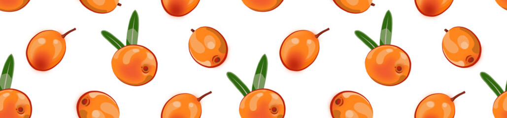 Border of a seamless pattern of sea buckthorn and leaves on a blue white background.  © OlgaGersh