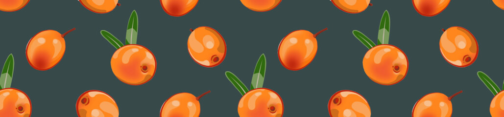 Border of a seamless pattern of sea buckthorn and leaves on a blue background. © OlgaGersh