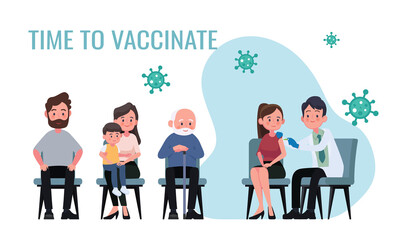 Doctor makes an injection of flu vaccine to women in hospital. Patients are waiting in line. Healthcare, coronavirus, Covid-19, prevention and immunize.