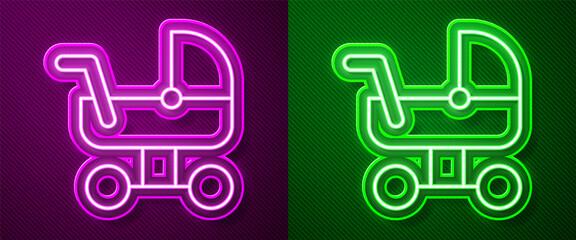 Glowing neon line Baby stroller icon isolated on purple and green background. Baby carriage, buggy, pram, stroller, wheel. Vector.