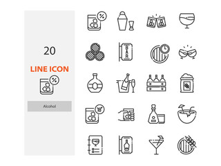 set of alcohol thin line icons, cocktail, pub, bar, drinks,