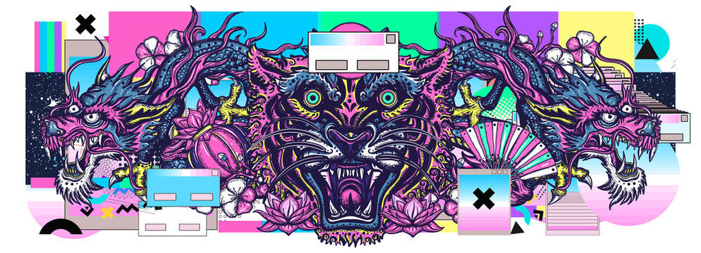 Dragons and tiger head. Vaporwave music art. Contemporary glitch concept. Surreal retrofuturistic vector illustration. 80s and 90s internet lifestyle, pop culture style. China and Japan animals