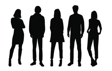 Vector silhouettes of  men and a women, a group of standing  business people, black  color isolated on white background