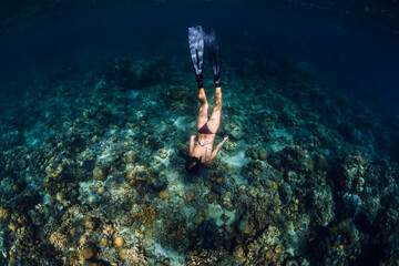 Woman in bikini dive to corals underwater in tropical sea