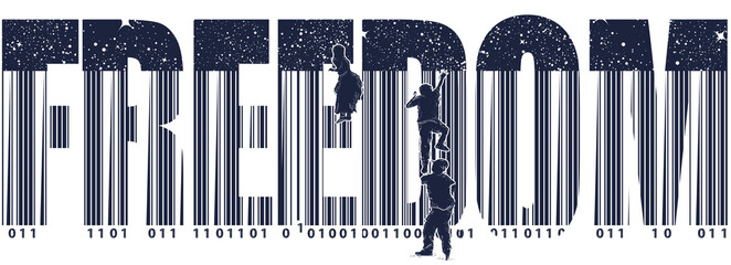 Freedom slogan. Bar code. Children climb over fence. Symbol of freedom and slavery, consumer society, globalization, future of mankind, digital world, big brother. Black and white surreal graphic
