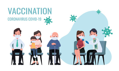 Doctor makes an injection of flu vaccine to women in hospital. Patients are waiting in line. Healthcare, coronavirus, Covid-19, prevention and immunize.