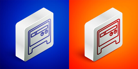 Isometric line Guitar amplifier icon isolated on blue and orange background. Musical instrument. Silver square button. Vector.