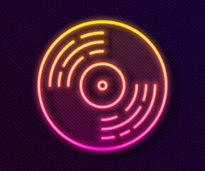 Glowing neon line Vinyl disk icon isolated on black background. Vector.