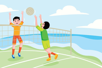 Beach volleyball with vector illustration. Flat design style.