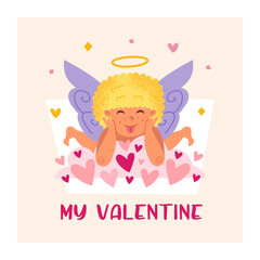 Funny cupid with halo. Angel, child. Baby boy. St Valentine's Day greeting card design. Flat vector illustration. 