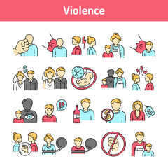 Violence color line icons set. Harassment, family abuse and bullying.