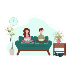 A young girl with a young man are sitting on the sofa and working or chatting. A banner for Stay at home, work at home, freelance projects. A flat illustration. 