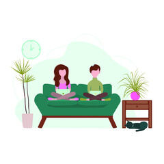 Obraz na płótnie Canvas A young girl with a young man are sitting on the sofa and working or chatting. A banner for Stay at home, work at home, freelance projects. A flat illustration. Vector.