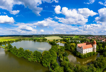 Aerial view, Neuhaus moated castle, Adelsdorf municipality, Bavaria, Germany