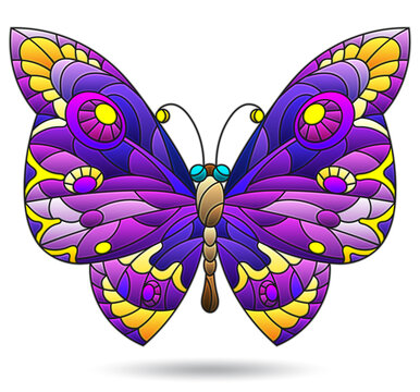 A stained glass illustration with a bright purple butterfly, an insect isolated on a white background
