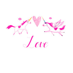 Love unicorns on a white background with a heart
