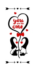 Vertical sign with couple gnome with hand calligraphy lettering You are the one. Red hearts, balloon, arrowes. Valentines day concept. Design for porch, home deco, walldecor, clothes print.