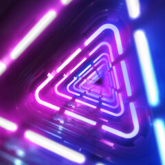 abstract background with glowing lines. Futuristic Glowing Neon Triangle Tunnel Background. Bright colorful Abstract tech graphic. Glowing Neon Corridor. 3D render